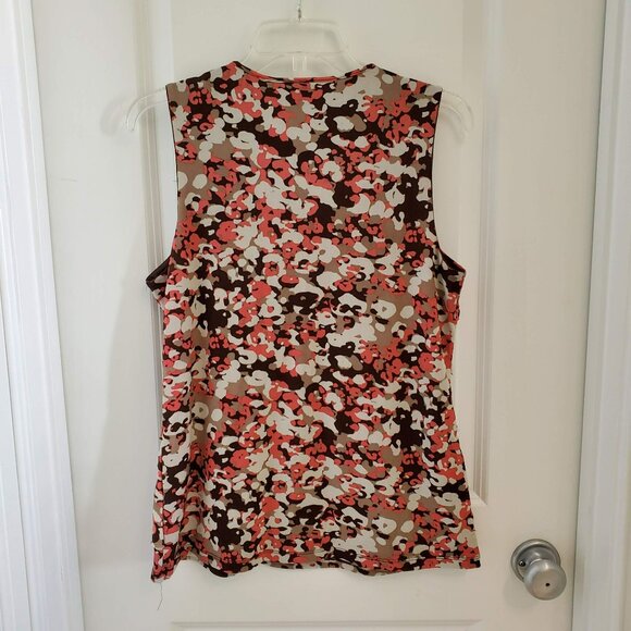 Madison Sleeveless Print Blouse, size L, Brown & Pink, Multi-Tiered Front, Lined - Picture 4 of 4